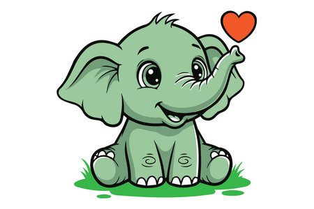This image features a charming cartoon baby elephant sitting on the grass. The elephant has a cheerful expression and is holding a red heart in its trunk. The scene is bright and whimsical, perfect for conveying love and affection.のイラスト素材