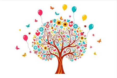 A vibrant illustration of a tree adorned with colorful flowers, leaves, and swirling patterns. The tree is surrounded by floating balloons in various colors and butterflies fluttering around, creating a festive and whimsical atmosphere.のイラスト素材