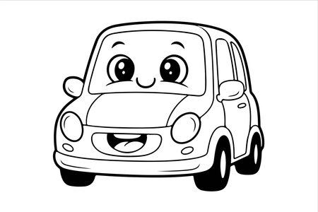 A charming black and white line drawing of a happy, anthropomorphic car with a friendly smile and big eyes, perfect for coloring or children's designs.のイラスト素材