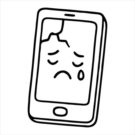 A simple hand-drawn cartoon depicts a cracked smartphone screen with a sad face and tear, conveying a sense of technological woe or broken device emotions.のイラスト素材