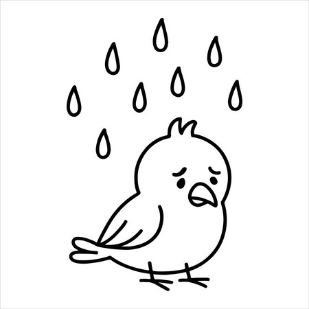 A charming hand-drawn depiction of a small, sad bird enduring a downpour. This simple artwork captures a moment of gentle melancholy and weathering the elements.のイラスト素材