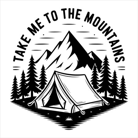 Embrace the wilderness with this design featuring a tent, pine trees, and majestic mountains. Perfect for outdoor enthusiasts seeking adventure and natural beauty.のイラスト素材
