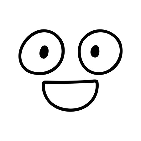 A simple, charming hand-drawn face featuring large, expressive eyes and a wide, open smile. This delightful image conveys pure joy and happiness in a minimalistic style.のイラスト素材