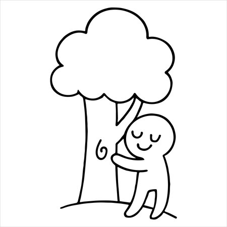 A simple, charming drawing depicts a happy, closed-eyed person embracing a tree. This art evokes feelings of nature love, peace, and contentment.のイラスト素材