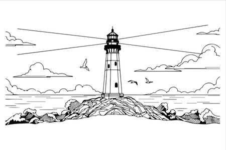 A detailed illustration of a lighthouse standing tall on a rocky shore. The lighthouse emits beams of light across the sky, guiding ships at sea. Surrounding the lighthouse are scattered clouds and several birds flying in the sky. The scene captures the essence of maritime safety and the serene beauty of the coastline.のイラスト素材