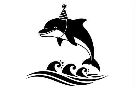 A playful black and white illustration of a dolphin leaping out of the water, wearing a party hat. The dolphin appears to be celebrating an occasion, with waves beneath it and a joyful expression on its face.のイラスト素材