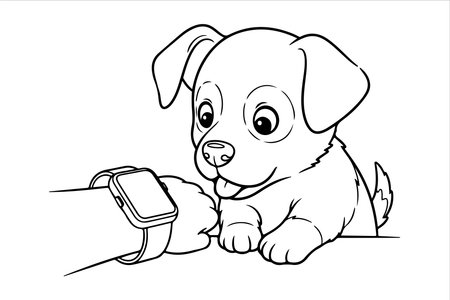 Cute puppy with smartwatch, black and white vector illustration.のイラスト素材