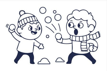 Vector illustration of two boys in winter clothes playing with snowballs.のイラスト素材