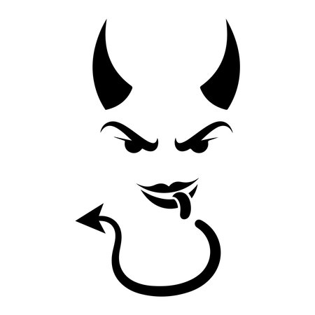 A stylized graphic featuring classic devil horns menacing eyes a mischievous mouth with a tongue...