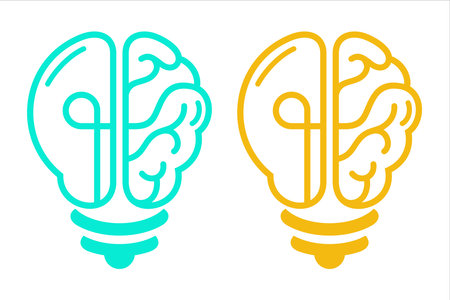 The image shows two lightbulbs with brain hemispheres inside, one in teal and the other in yellow. These artistic representations are often used to symbolize creativity, innovation, and the generation of ideas, combining concepts of lightbulb moments with brain activity.のイラスト素材