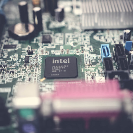 Electronic circuit board close up. Selective focus. Technology background