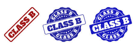 CLASS B scratched stamp seals in red and blue colors. Vector CLASS B watermarks with scratced surface. Graphic elements are rounded rectangles, rosettes, circles and text labels.のイラスト素材