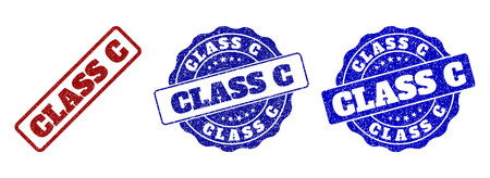 CLASS C grunge stamp seals in red and blue colors. Vector CLASS C signs with grunge effect. Graphic elements are rounded rectangles, rosettes, circles and text titles.のイラスト素材