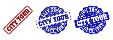 CITY TOUR grunge stamp seals in red and blue colors. Vector CITY TOUR overlays with grunge effect. Graphic elements are rounded rectangles, rosettes, circles and text titles.のイラスト素材
