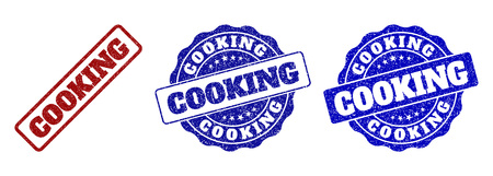 COOKING grunge stamp seals in red and blue colors. Vector COOKING signs with grunge style. Graphic elements are rounded rectangles, rosettes, circles and text captions.のイラスト素材
