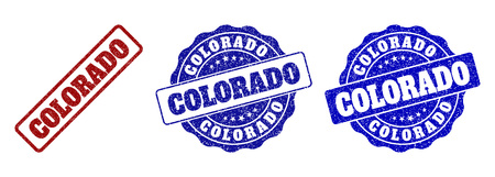 COLORADO grunge stamp seals in red and blue colors. Vector COLORADO overlays with grunge surface. Graphic elements are rounded rectangles, rosettes, circles and text labels.のイラスト素材