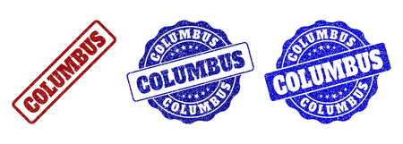 COLUMBUS scratched stamp seals in red and blue colors. Vector COLUMBUS labels with grunge style. Graphic elements are rounded rectangles, rosettes, circles and text labels.のイラスト素材