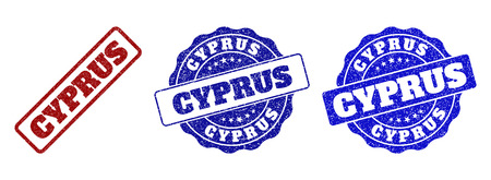 CYPRUS grunge stamp seals in red and blue colors. Vector CYPRUS overlays with grunge texture. Graphic elements are rounded rectangles, rosettes, circles and text tags.のイラスト素材