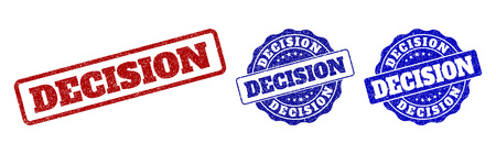 DECISION scratched stamp seals in red and blue colors. Vector DECISION watermarks with dirty texture. Graphic elements are rounded rectangles, rosettes, circles and text captions.のイラスト素材