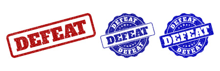 DEFEAT grunge stamp seals in red and blue colors. Vector DEFEAT imprints with distress texture. Graphic elements are rounded rectangles, rosettes, circles and text tags.のイラスト素材
