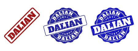 DALIAN scratched stamp seals in red and blue colors. Vector DALIAN overlays with grainy texture. Graphic elements are rounded rectangles, rosettes, circles and text titles.のイラスト素材