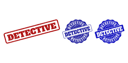 DETECTIVE grunge stamp seals in red and blue colors. Vector DETECTIVE labels with grunge texture. Graphic elements are rounded rectangles, rosettes, circles and text titles.のイラスト素材