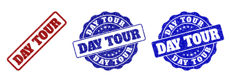 DAY TOUR grunge stamp seals in red and blue colors. Vector DAY TOUR imprints with grunge effect. Graphic elements are rounded rectangles, rosettes, circles and text tags.のイラスト素材