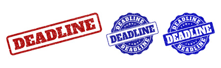 DEADLINE grunge stamp seals in red and blue colors. Vector DEADLINE labels with distress surface. Graphic elements are rounded rectangles, rosettes, circles and text labels.のイラスト素材