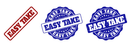 EASY TAKE scratched stamp seals in red and blue colors. Vector EASY TAKE watermarks with grainy style. Graphic elements are rounded rectangles, rosettes, circles and text tags.のイラスト素材