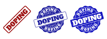 DOPING scratched stamp seals in red and blue colors. Vector DOPING labels with dirty effect. Graphic elements are rounded rectangles, rosettes, circles and text labels.のイラスト素材