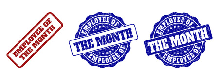 EMPLOYEE OF THE MONTH grunge stamp seals in red and blue colors. Vector EMPLOYEE OF THE MONTH overlays with distress surface. Graphic elements are rounded rectangles, rosettes,のイラスト素材