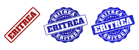 ERITREA grunge stamp seals in red and blue colors. Vector ERITREA marks with grunge style. Graphic elements are rounded rectangles, rosettes, circles and text tags.のイラスト素材