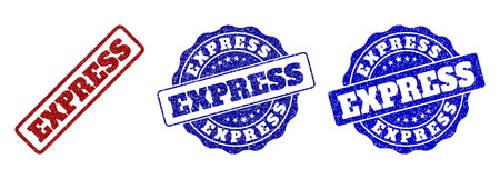EXPRESS scratched stamp seals in red and blue colors. Vector EXPRESS labels with grainy surface. Graphic elements are rounded rectangles, rosettes, circles and text tags.のイラスト素材