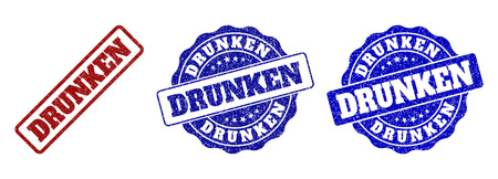 DRUNKEN grunge stamp seals in red and blue colors. Vector DRUNKEN imprints with grunge style. Graphic elements are rounded rectangles, rosettes, circles and text captions.のイラスト素材