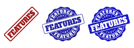 FEATURES grunge stamp seals in red and blue colors. Vector FEATURES imprints with grunge texture. Graphic elements are rounded rectangles, rosettes, circles and text tags.のイラスト素材