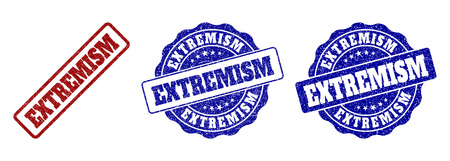 EXTREMISM scratched stamp seals in red and blue colors. Vector EXTREMISM marks with grunge style. Graphic elements are rounded rectangles, rosettes, circles and text titles.のイラスト素材