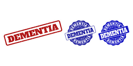 DEMENTIA grunge stamp seals in red and blue colors. Vector DEMENTIA imprints with grunge effect. Graphic elements are rounded rectangles, rosettes, circles and text captions.のイラスト素材