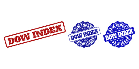 DOW INDEX grunge stamp seals in red and blue colors. Vector DOW INDEX labels with grunge surface. Graphic elements are rounded rectangles, rosettes, circles and text tags.のイラスト素材