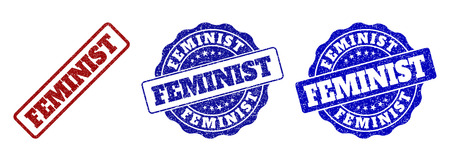 FEMINIST scratched stamp seals in red and blue colors. Vector FEMINIST imprints with dirty effect. Graphic elements are rounded rectangles, rosettes, circles and text captions.のイラスト素材