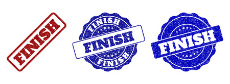 FINISH grunge stamp seals in red and blue colors. Vector FINISH overlays with grunge surface. Graphic elements are rounded rectangles, rosettes, circles and text labels.のイラスト素材