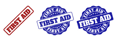 FIRST AID grunge stamp seals in red and blue colors. Vector FIRST AID overlays with grunge style. Graphic elements are rounded rectangles, rosettes, circles and text captions.のイラスト素材