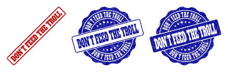 DON'T FEED THE TROLL grunge stamp seals in red and blue colors. Vector DON'T FEED THE TROLL watermarks with grunge texture. Graphic elements are rounded rectangles, rosettes, circles and text titles.のイラスト素材