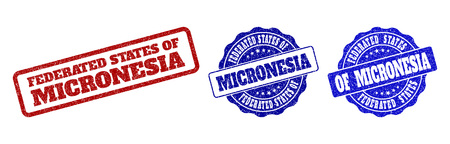 FEDERATED STATES OF MICRONESIA grunge stamp seals in red and blue colors. Vector FEDERATED STATES OF MICRONESIA overlays with dirty style. Graphic elements are rounded rectangles, rosettes,のイラスト素材