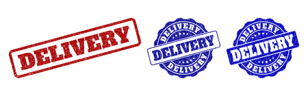 DELIVERY grunge stamp seals in red and blue colors. Vector DELIVERY signs with grunge style. Graphic elements are rounded rectangles, rosettes, circles and text labels.のイラスト素材