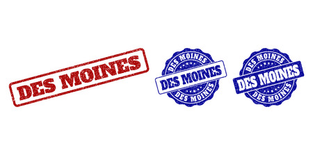 DES MOINES grunge stamp seals in red and blue colors. Vector DES MOINES labels with grunge style. Graphic elements are rounded rectangles, rosettes, circles and text captions.のイラスト素材