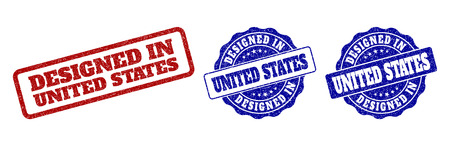 DESIGNED IN UNITED STATES grunge stamp seals in red and blue colors. Vector DESIGNED IN UNITED STATES marks with grunge style. Graphic elements are rounded rectangles, rosettes, circles and text tags.のイラスト素材