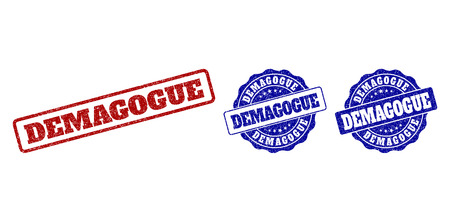 DEMAGOGUE grunge stamp seals in red and blue colors. Vector DEMAGOGUE marks with draft effect. Graphic elements are rounded rectangles, rosettes, circles and text titles.のイラスト素材