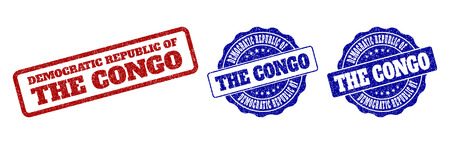 DEMOCRATIC REPUBLIC OF THE CONGO grunge stamp seals in red and blue colors. Vector DEMOCRATIC REPUBLIC OF THE CONGO watermarks with grunge surface. Graphic elements are rounded rectangles, rosettes,のイラスト素材