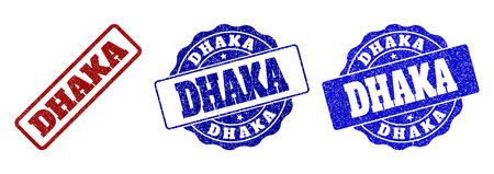 DHAKA grunge stamp seals in red and blue colors. Vector DHAKA signs with grainy texture. Graphic elements are rounded rectangles, rosettes, circles and text labels.のイラスト素材