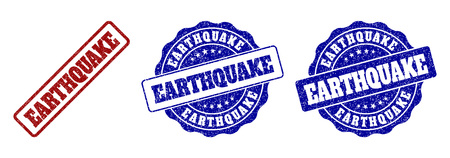 EARTHQUAKE grunge stamp seals in red and blue colors. Vector EARTHQUAKE signs with grunge texture. Graphic elements are rounded rectangles, rosettes, circles and text labels.のイラスト素材